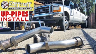 2001 F350 73  RiffRaff UpPipes Install  Stock up pipes leaking and falling apart JUNK SP [upl. by Arman]