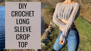 DIY Crochet Long Sleeve Lace Crop Top Tutorial  How To Crochet A Long Sleeve Crop Top [upl. by Edrick]